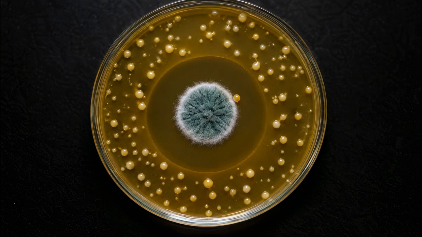 A petri dish of amber agar seen from above on a black bench. A blue-green Penicillium mold grows in the center, ringed by a wide clear zone where no bacteria grow. Creamy bacterial colonies dot the rest of the plate, and one small golden colony sits alone inside the clear zone, right next to the mold.