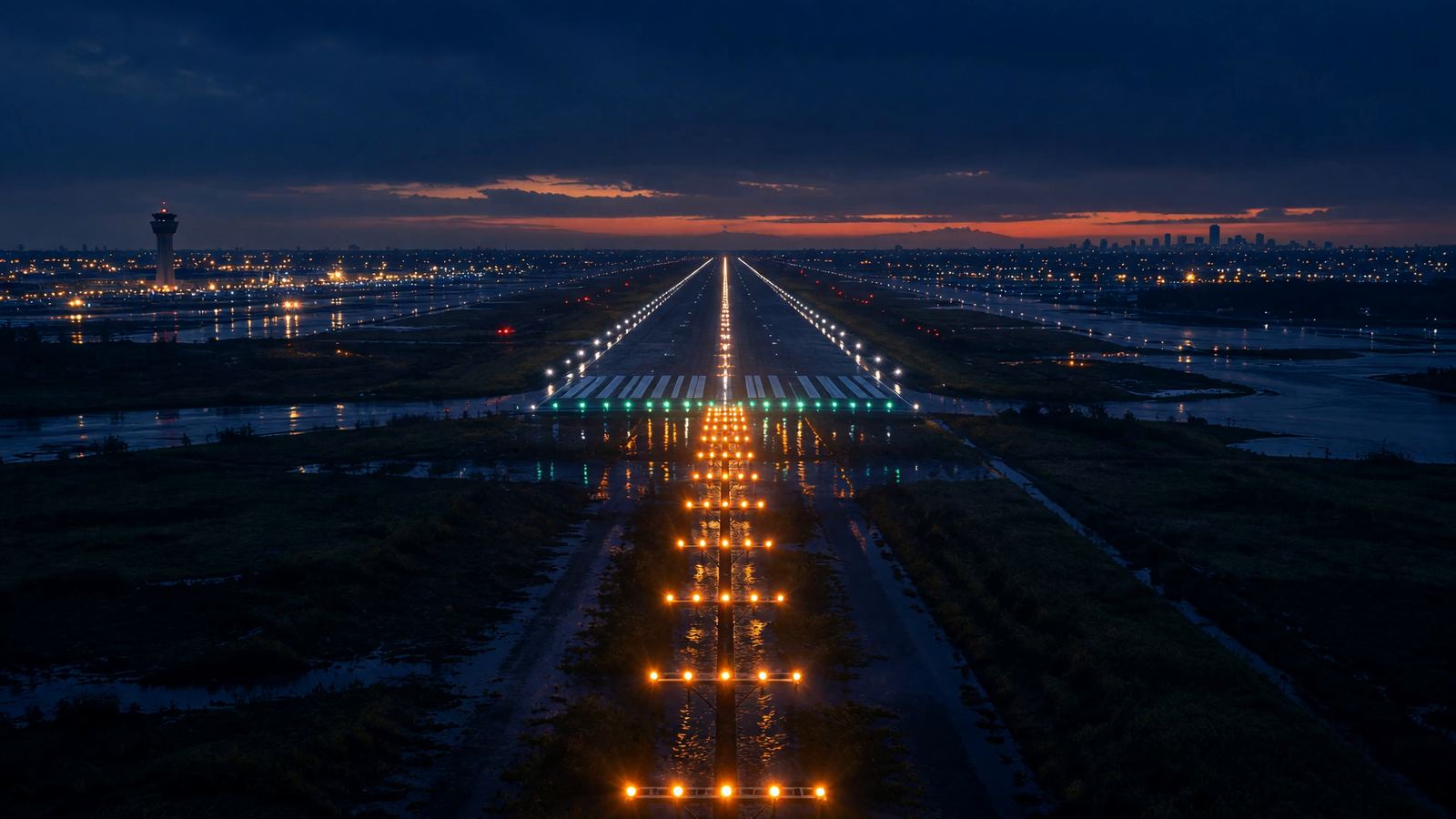 A pilot's-eye view at dusk on final approach: a line of amber approach lights leads to green threshold lights and a wet runway, with a control tower on the horizon.