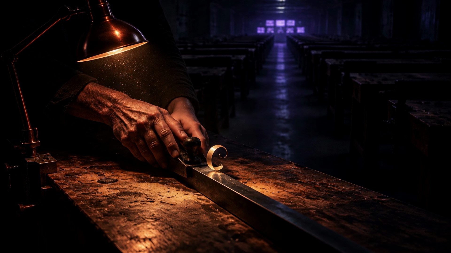 A single copper work lamp lights one workbench in a dark hall. An older hand rests over a younger one, guiding a plane along a length of metal. Behind them, rows of identical unlit benches recede toward a distant cold violet glow.