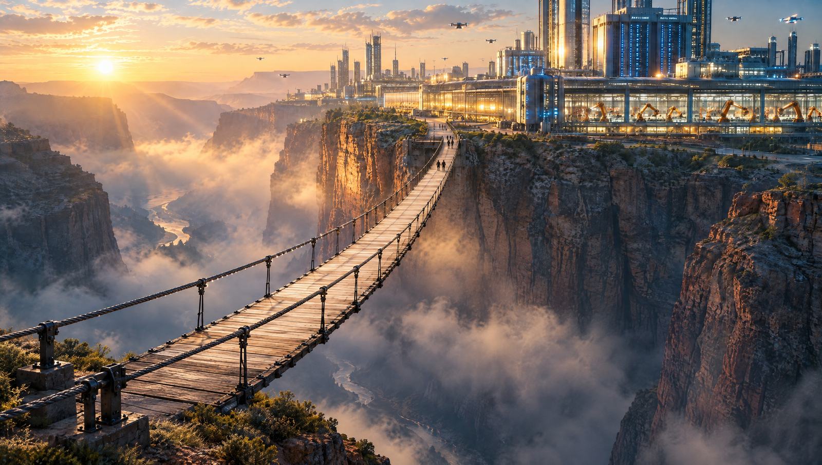 The same canyon later in the morning, with the bridge finished: planks now span the whole gap, and a few small figures walk across toward the city.