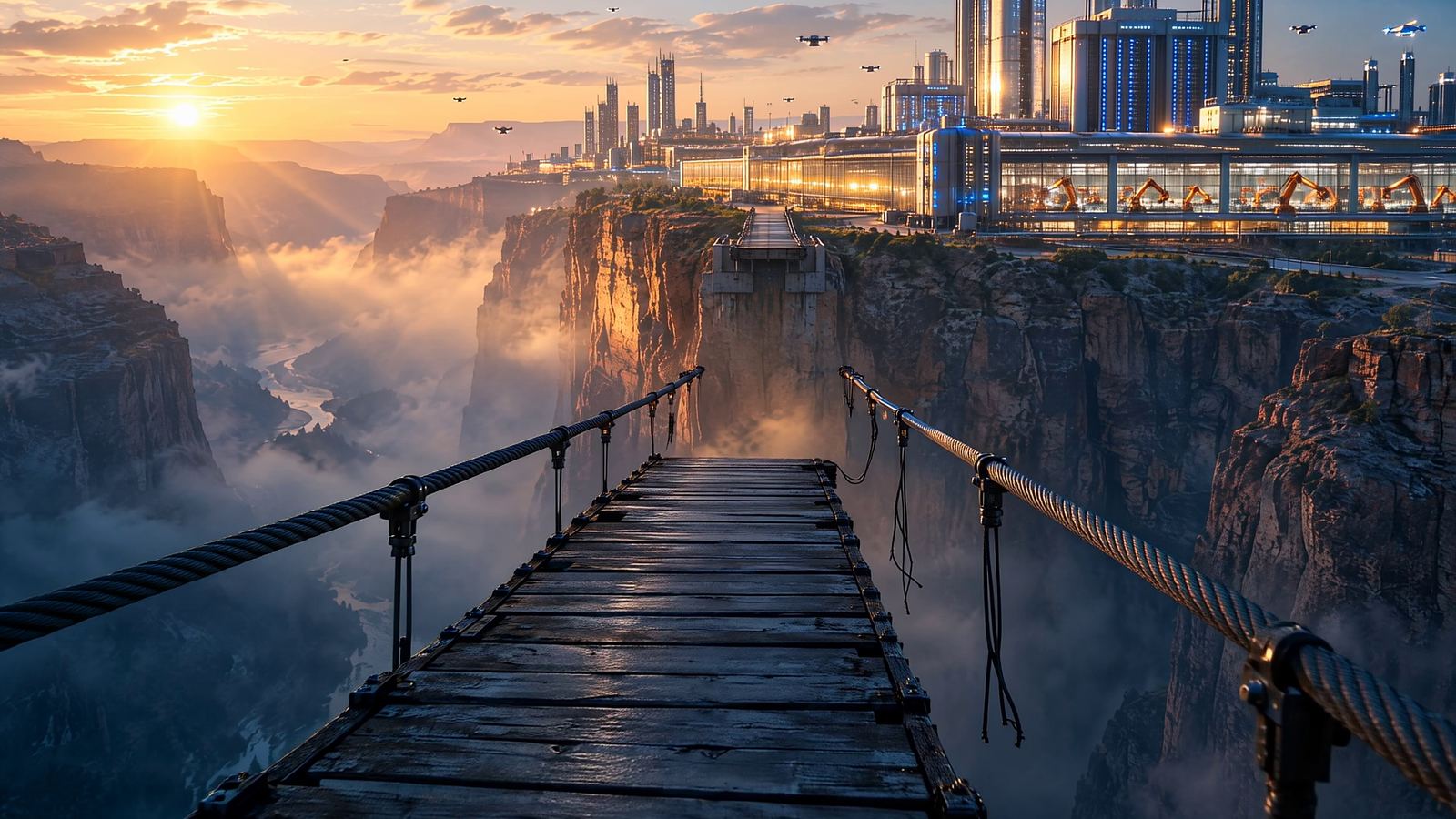 A first-person view at sunrise on a weathered rope bridge over a misty canyon. The planks stop short in midair. Across the gap, a golden city of automated factories with orange robot arms sits on the far cliff, where a short stub of bridge reaches back toward the viewer.