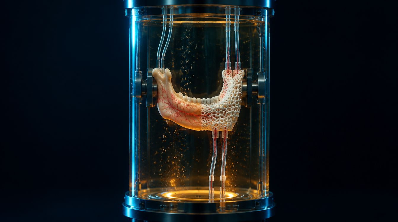 A speculative bioreactor: a tall glass cylinder of amber nutrient fluid holds a section of human lower jaw. Half of it is finished ivory bone threaded with fine red vessels; the other half is still a white printed lattice. Clear tubes feed the chamber, and clamps at each end gently load the bone.