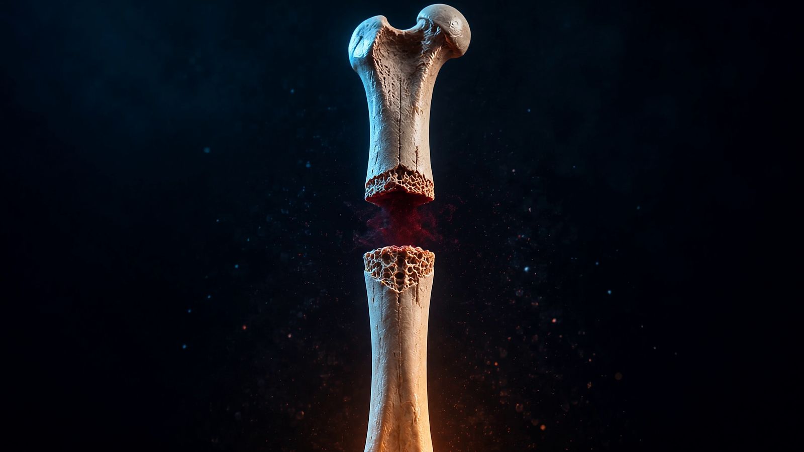 A human thigh bone floating upright against a blue-black void, snapped clean across the middle. The two broken ends show a honeycomb interior, and a faint red haze of blood hangs in the gap between them. Cyan light rims the bone from the left and amber light glows from below.