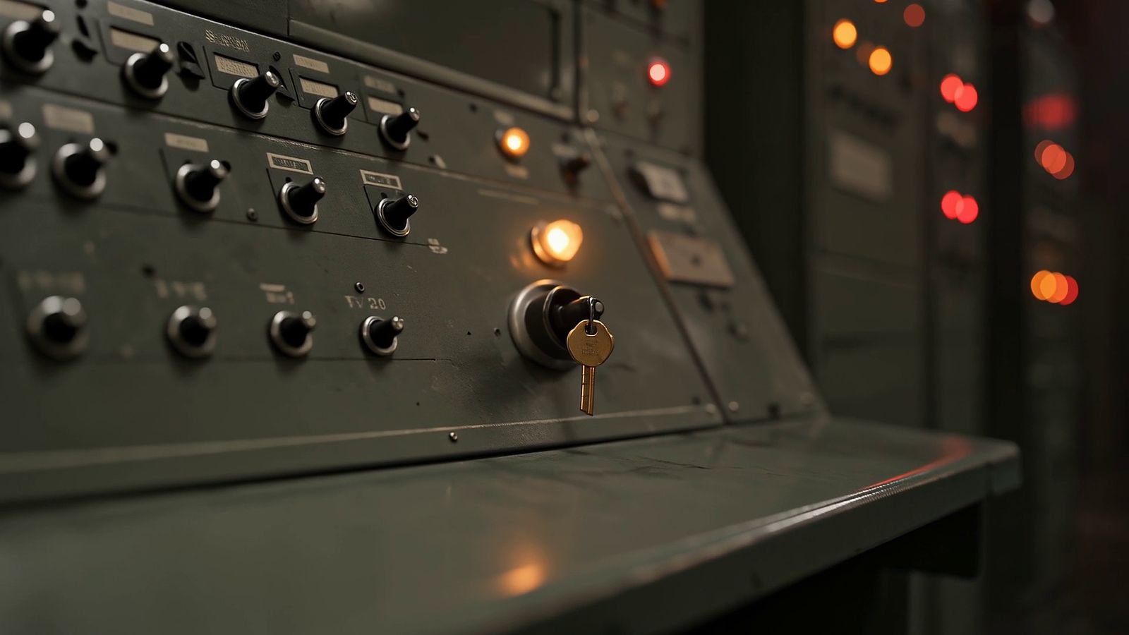 Close-up of a brass key hanging in a chrome key switch on a worn grey-green Cold War control console, a glowing amber lamp just above it, rows of black toggle switches to the left, and blurred red and amber indicator lights in the dark behind.
