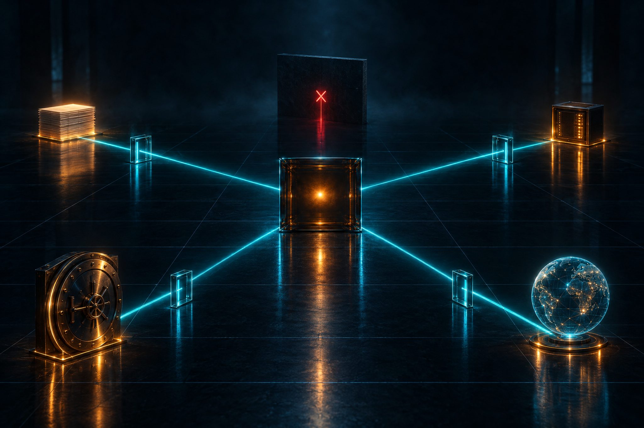 A single amber-lit agent box in the center of a dark hall. Four narrow teal beams reach out from it, each passing through its own glowing checkpoint gate to a different target: a stack of pages, a server, a vault door, and a holographic globe. A fifth direction is blocked by a dark barrier marked with a small red X.
