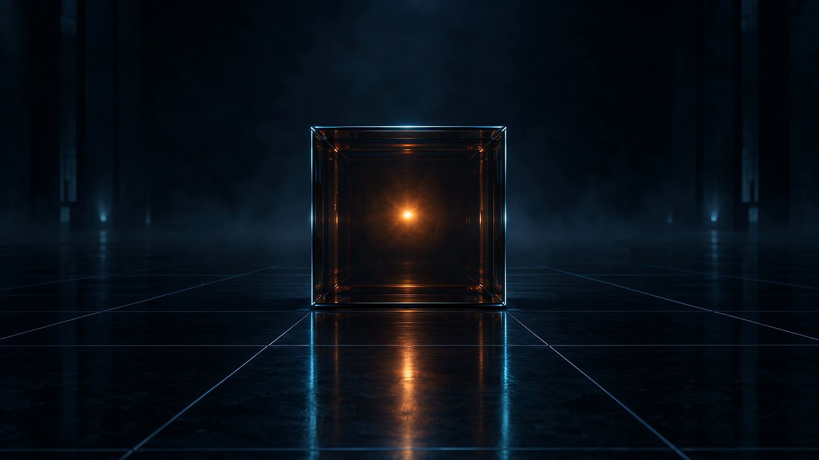A single sealed box of smoked glass sits on a dark mirror-polished floor in a vast black hall. Inside it floats one small amber point of light. The box's edges catch a thin teal rim light, and faint blue fog hangs around it.