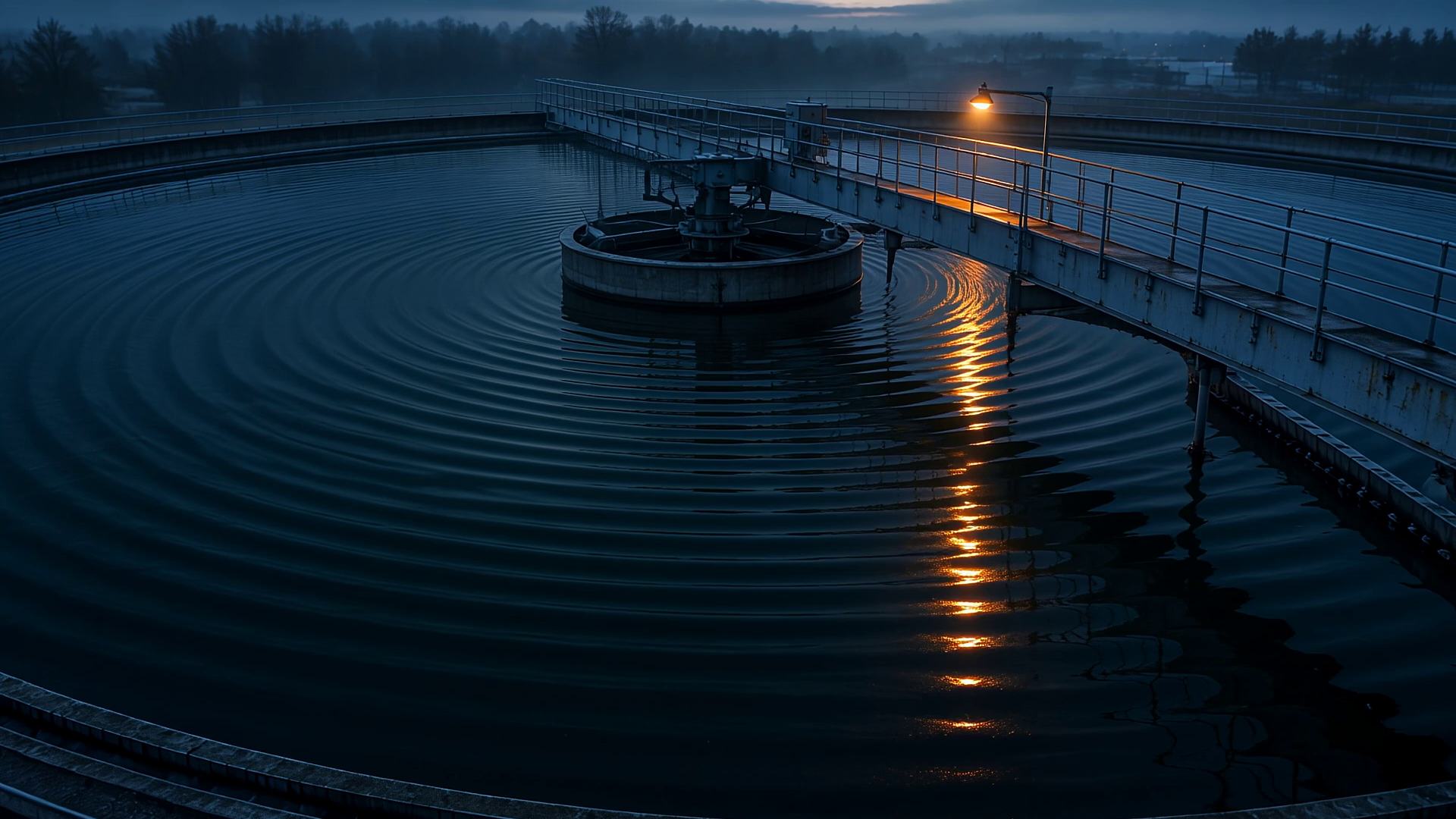 A circular water treatment clarifier basin before dawn, its dark surface ringed with concentric ripples, a single amber work lamp on the walkway laying one warm streak across the water.