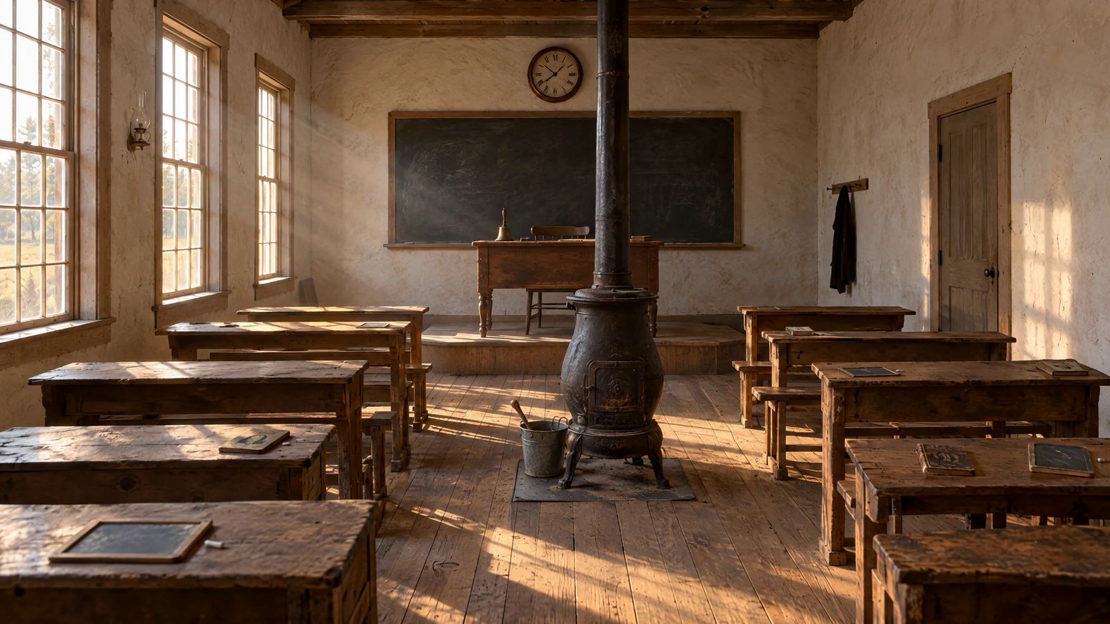 An empty 1850s one-room schoolhouse at sunrise: plank benches and desks of mixed heights, slates on the desks, a cast-iron wood stove in the aisle, a blackboard on the front wall, and a round clock centered above it. Golden light falls through three tall windows on the left.