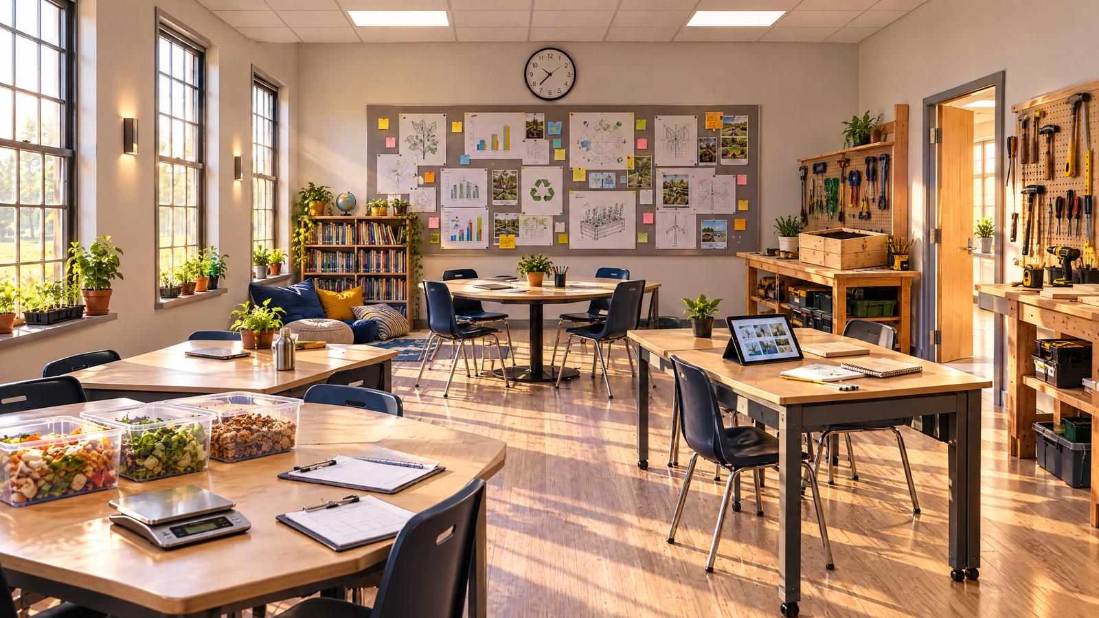 The same classroom, same windows and same round clock high on the front wall, reimagined as a studio: clustered worktables with a kitchen scale and bins of sorted food scraps, a workbench with tools and a half-built planter, seedlings on the windowsills, a reading corner, and a wall of pinned student charts where the lecture screen used to be.