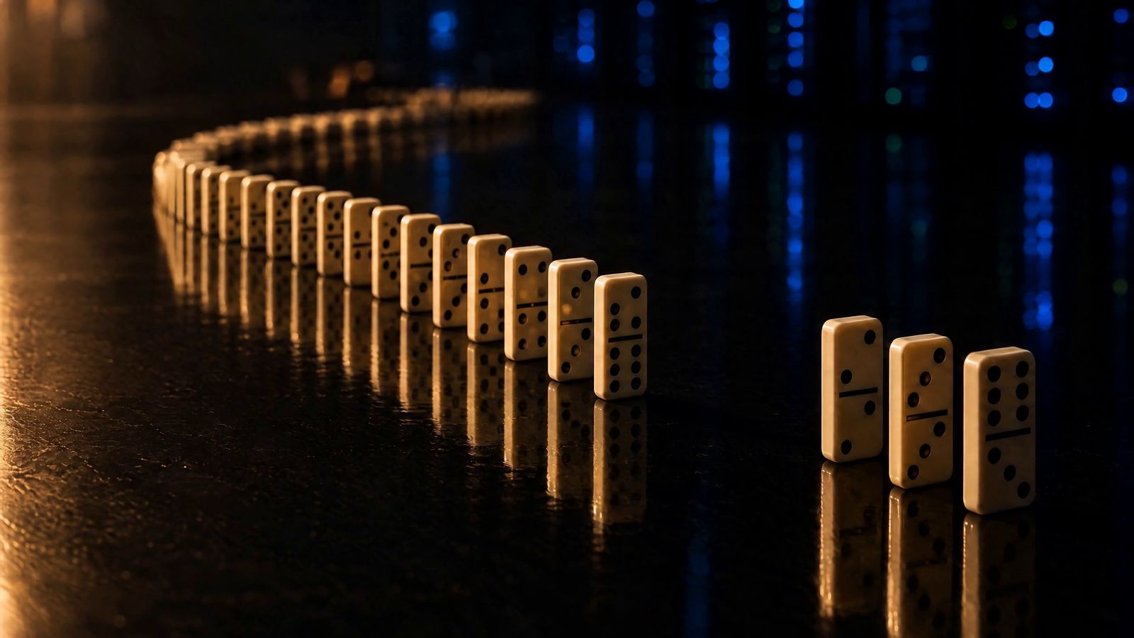 A long line of ivory dominoes stands on a black lacquered table, receding into darkness toward faint blue machine lights, with one empty gap near the camera.
