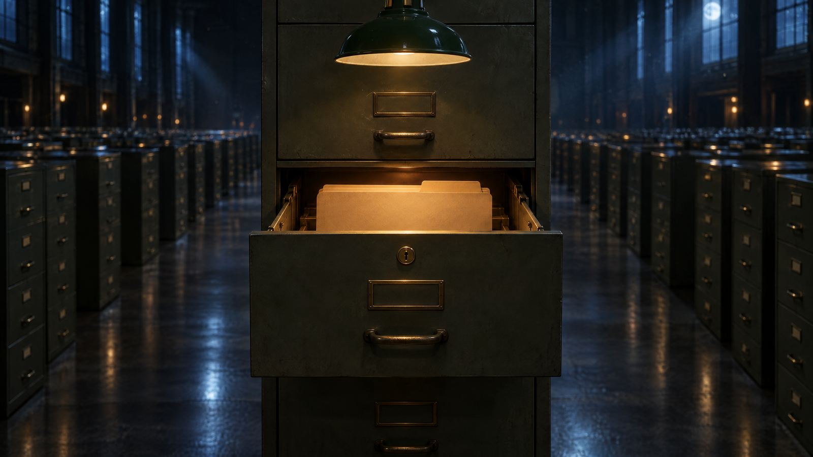 A single steel filing cabinet in the dark records hall, its middle drawer pulled open under a green lamp, one manila folder standing inside. The brass lock on the drawer is intact.