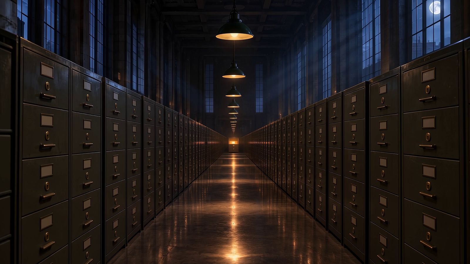 Looking down the center aisle of an enormous records hall at night. Rows of locked olive-green steel filing cabinets line both sides under hanging green lamps, moonlight falls through tall windows, and at the far end of the aisle one drawer glows amber.