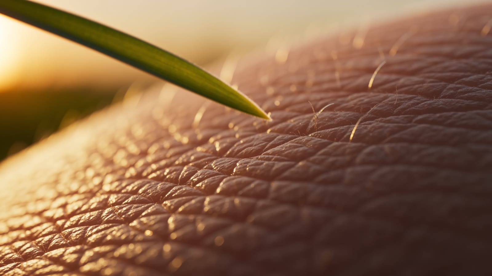 Extreme close-up of a green blade of grass brushing the skin of a human hand in warm sunlight.
