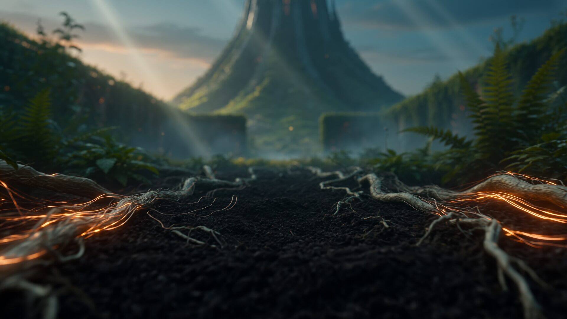 A walled garden at dusk; living roots in the soil begin to braid with glowing amber circuitry beneath a dark machine tower.