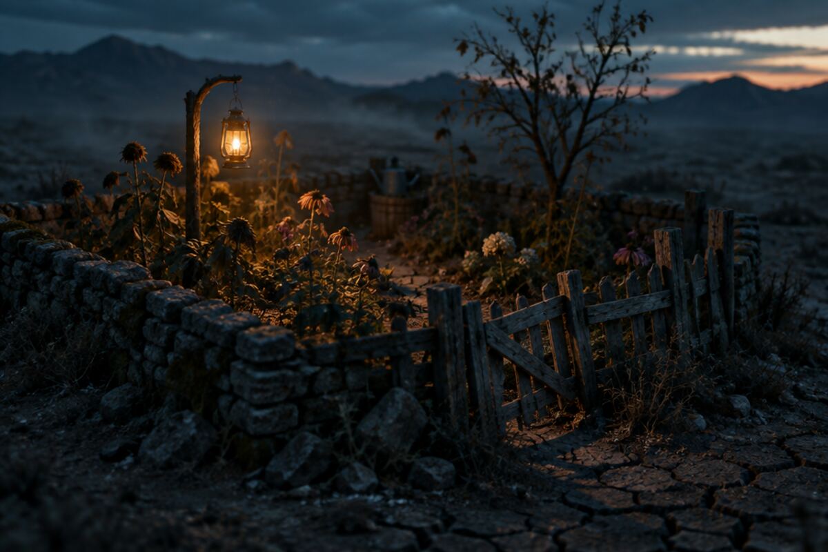 A tiny walled garden with wilting flowers and a crumbling fence, lit by one lantern in a barren dusk landscape.