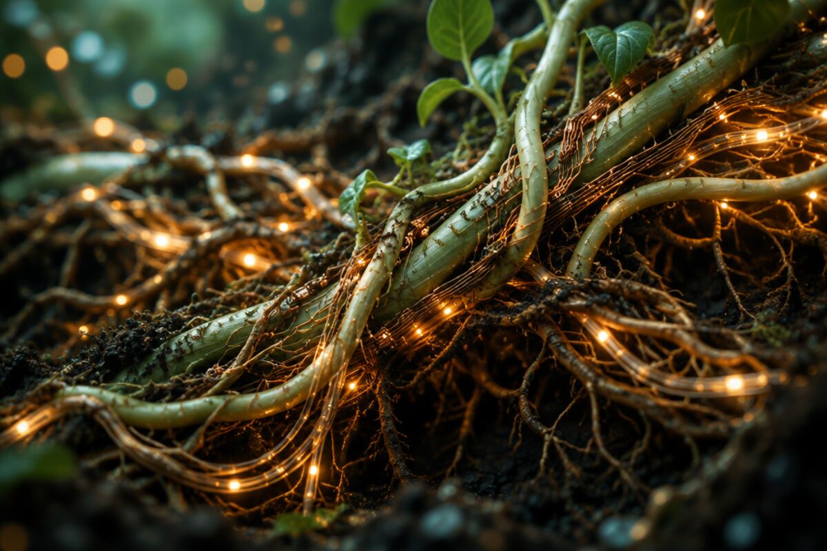 Close view of living plant roots braided together with copper circuit traces and glowing amber fiber in dark soil.