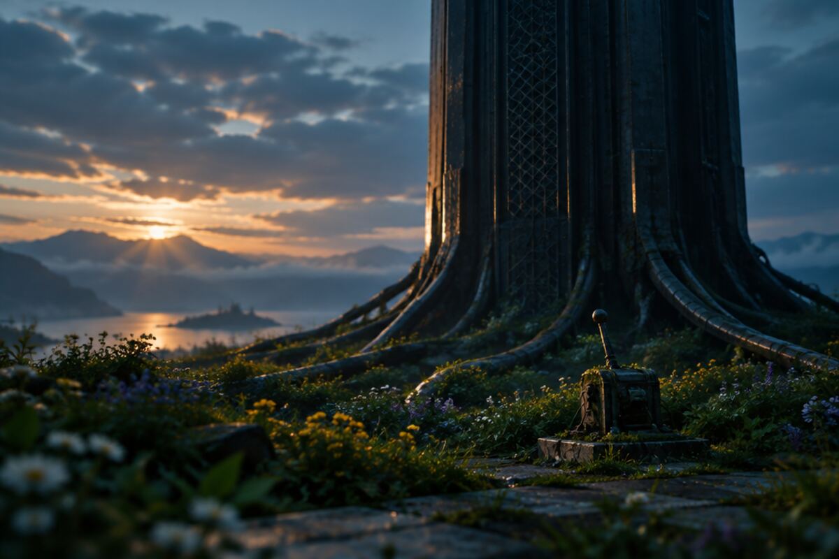 A towering dark machine structure looms over a small flowering garden; a tiny lever at its base is dwarfed by it.