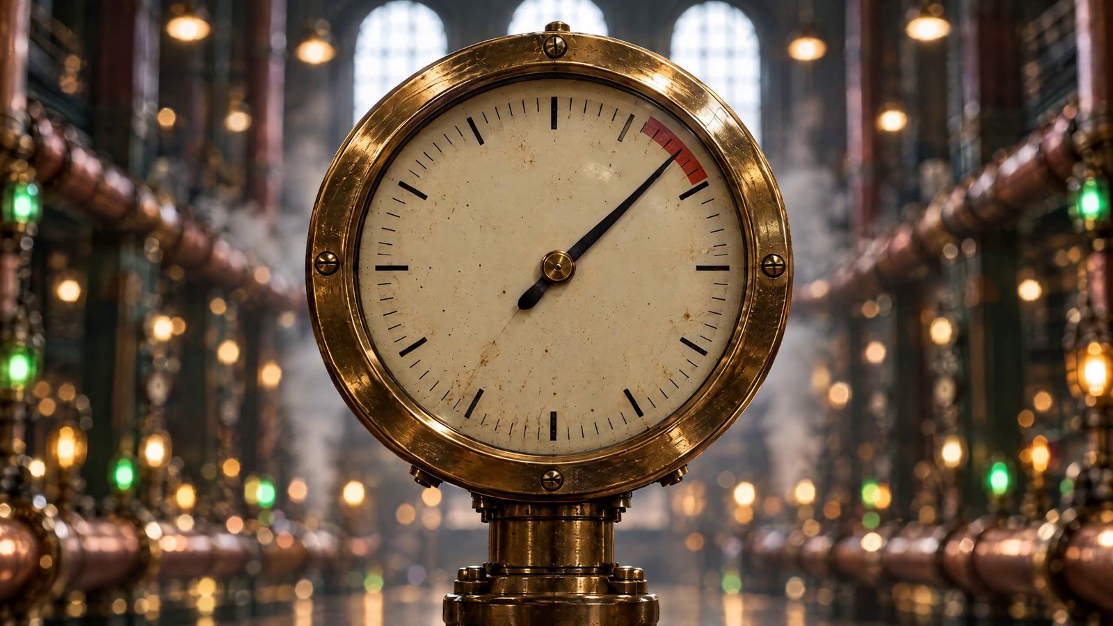 Extreme close-up of an antique brass pressure gauge with a cream dial, its needle pushed into a red band, in front of a blurred hall of copper pipes and glowing lamps.