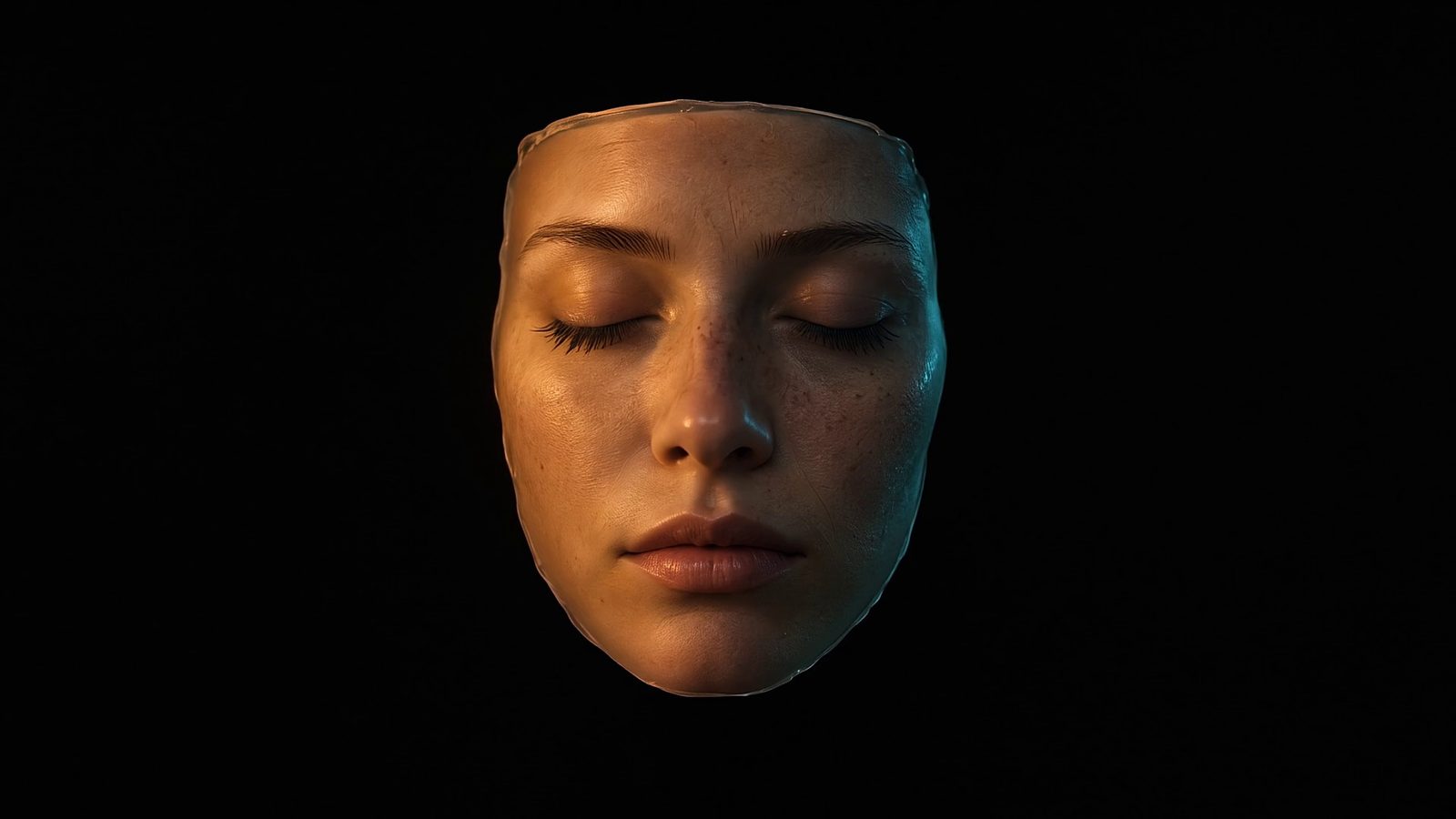 A lifelike silicone face mask with closed eyes and freckled skin floats in darkness, lit warm amber from one side and teal from the other.