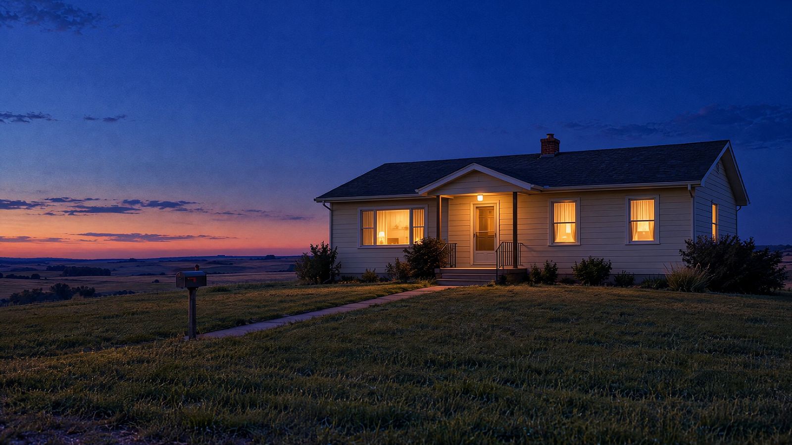 The finished house at dusk: a modest cream clapboard home with a dark shingled roof and brick chimney, its porch light and three windows glowing warm gold against a deep blue sky over the Nebraska plains.