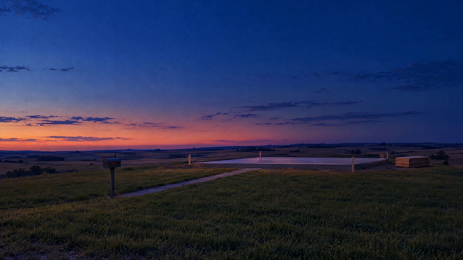 A bare concrete house foundation with survey stakes and white string lines sits on a grassy rise at dusk. A mailbox stands at the end of a short concrete walk, and the sky fades from deep indigo to a band of orange over the distant plains.