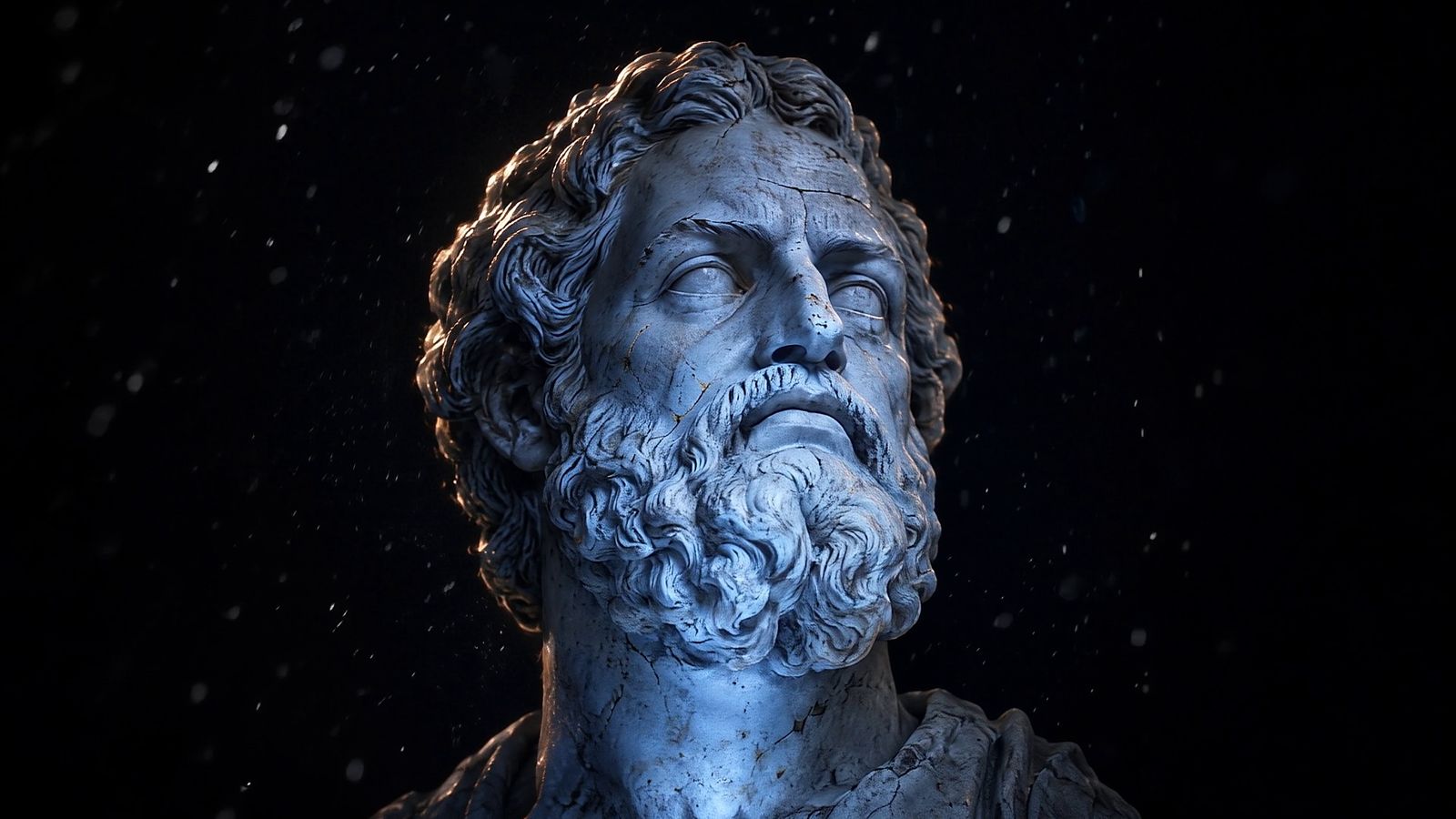 A weathered marble bust of a bearded ancient philosopher, chin raised, lit from below by a cold blue glow in the dark.
