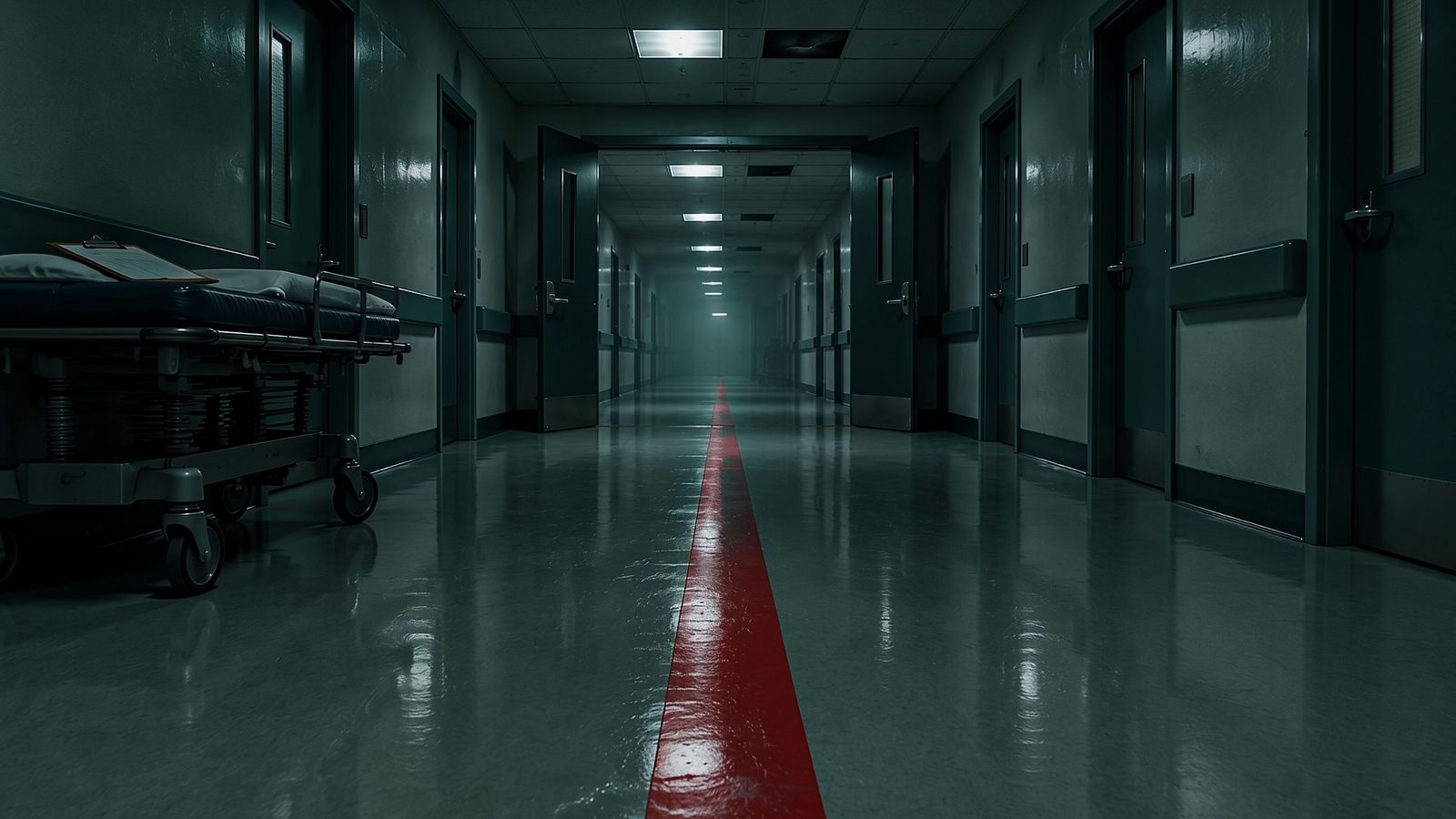 A long, empty hospital corridor at night, lit by dim green fluorescent panels. A bright red stripe painted down the center of the glossy floor leads the eye past an empty gurney and through open double doors into the distance.