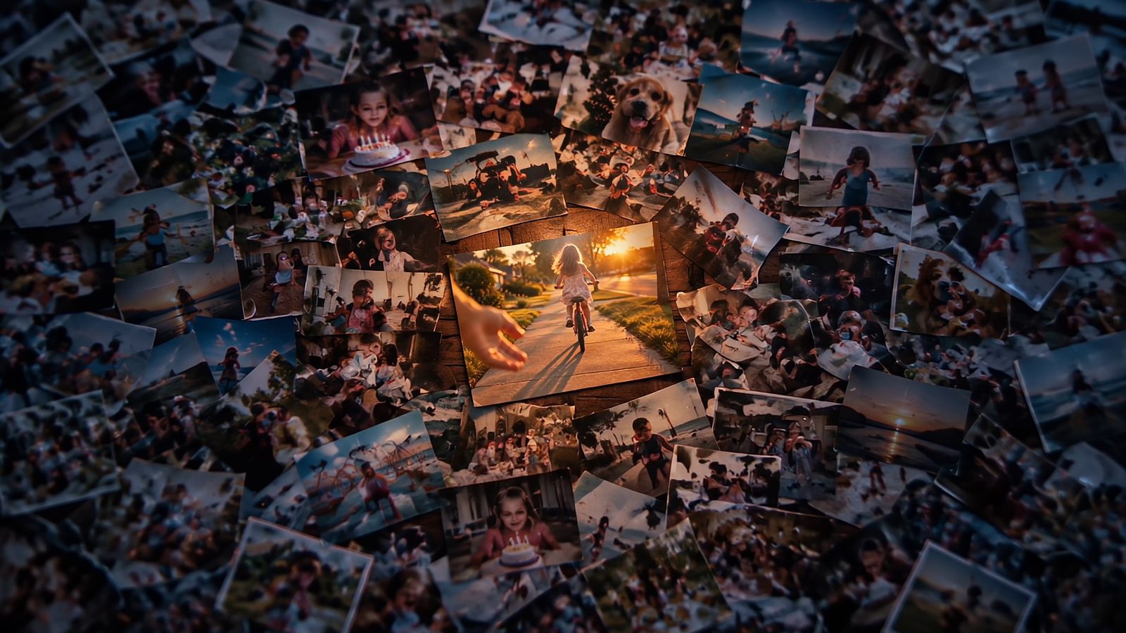 Seen from far above, a dark floor covered edge to edge with thousands of scattered family snapshots: birthdays, beaches, a dog, children. One print in the middle is warmly lit: the girl on the red bicycle at sunset.
