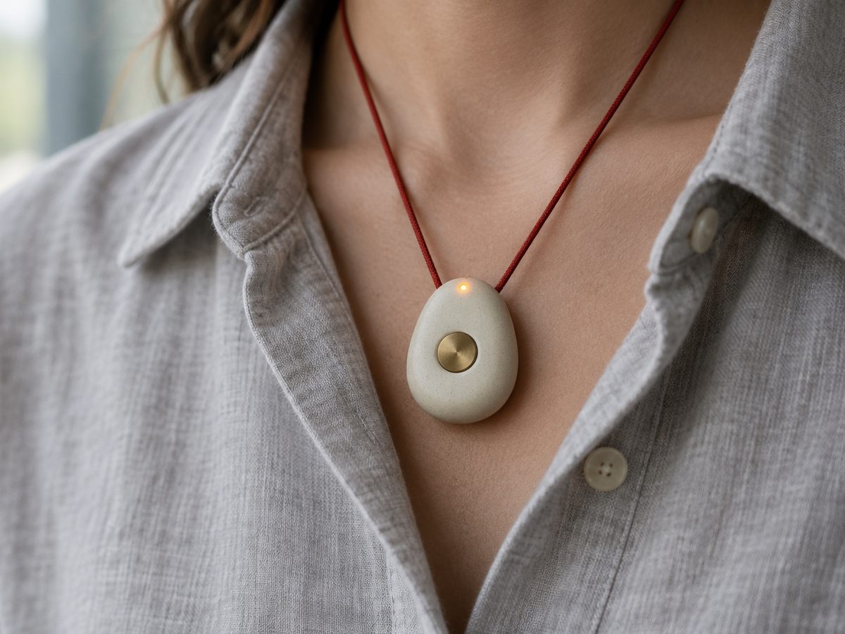 Concept render: a smooth, cream-colored ceramic pendant the size of a large coin, with one round brass button in the center and a small amber light at the top, hanging on a thin red cord against a gray linen shirt.