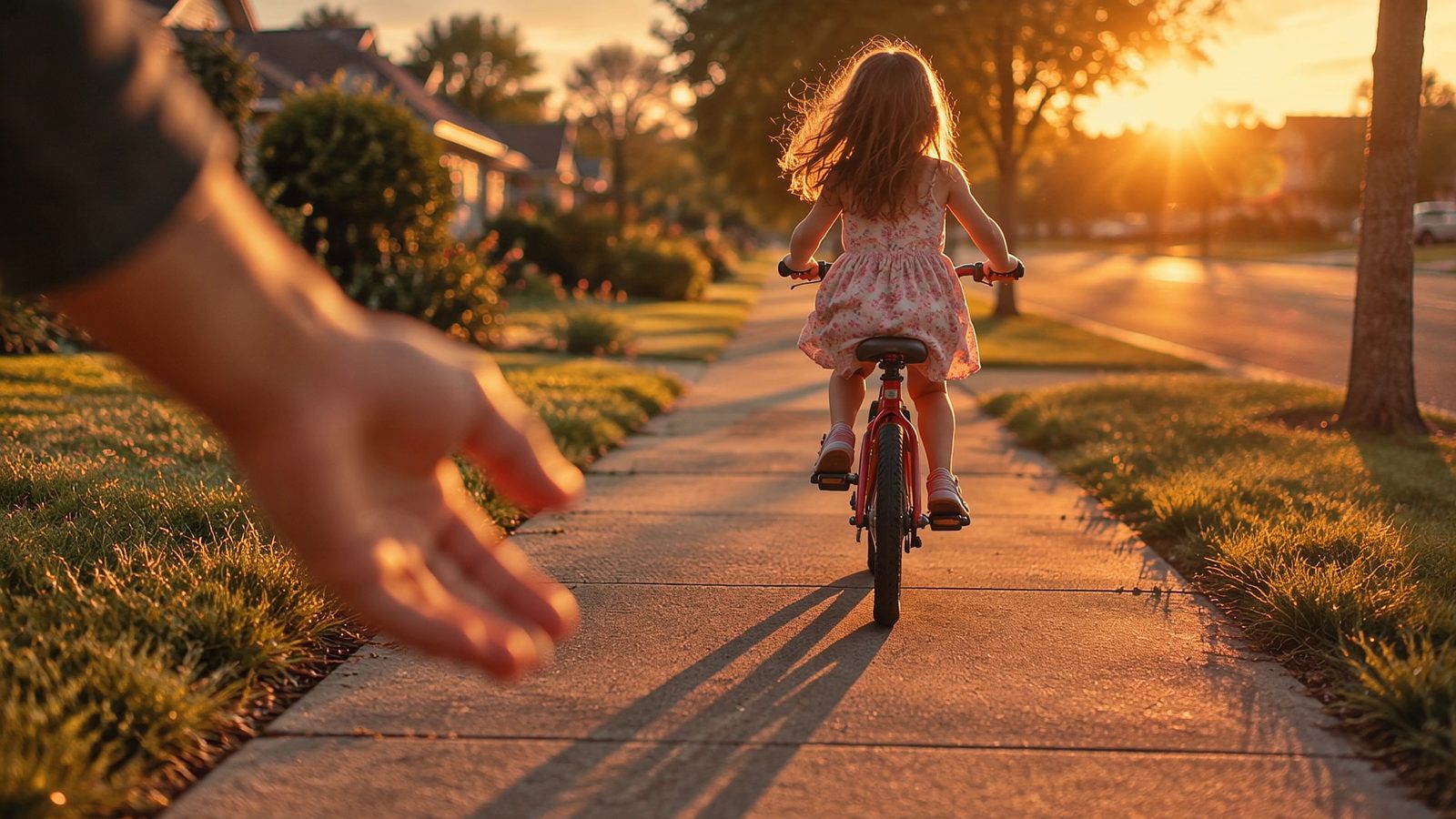 Seen from behind, a young girl in a flowered dress rides a small red bicycle away down a suburban sidewalk at sunset. In the blurred foreground, a parent's open hand has just let go.