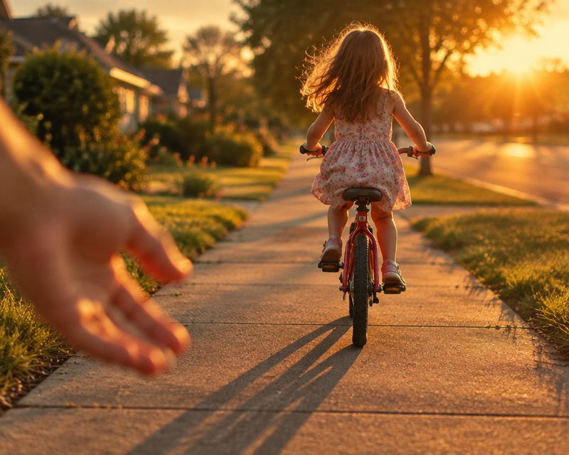 A snapshot of a girl riding a red bicycle away down a sunset sidewalk while a parent's hand lets go.