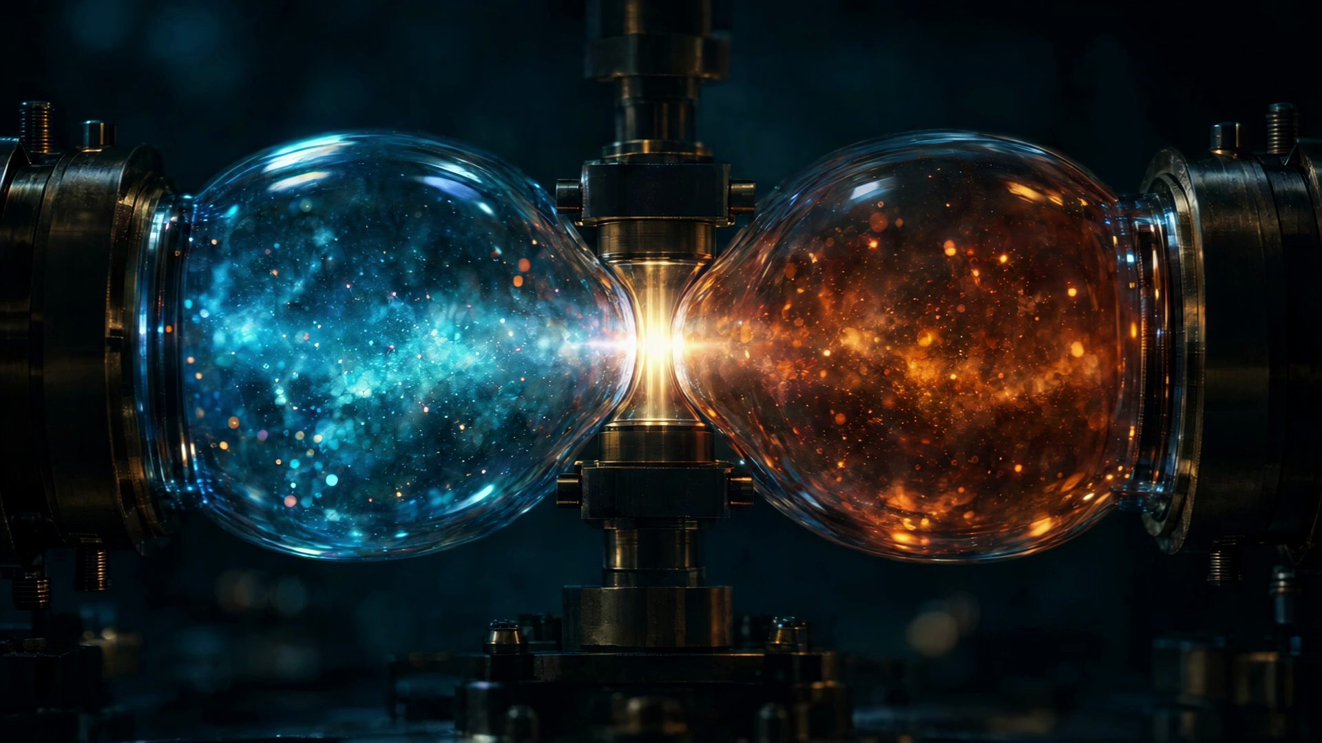A sealed laboratory apparatus in near darkness: two glass bulbs joined by a narrow aperture, the left glowing cold blue and the right glowing ember orange, with luminous motes drifting between them.