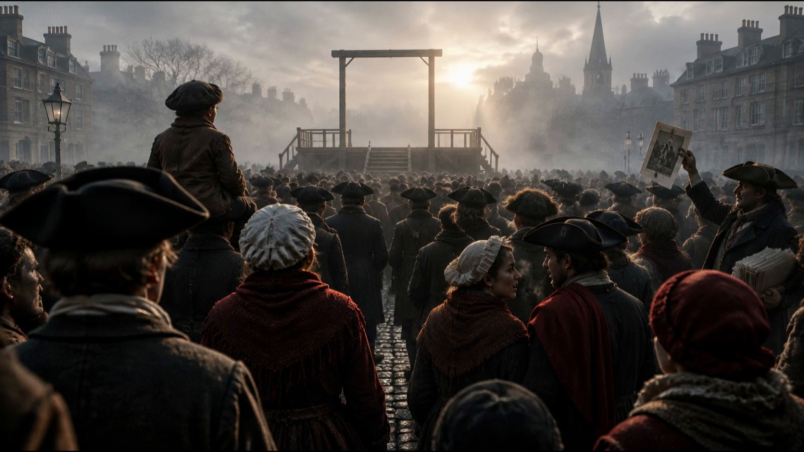 A crowded cobbled square in 18th-century London at dawn. Hundreds of people in tricorn hats, bonnets, and red shawls face an empty raised wooden platform with a bare timber frame, half hidden in fog. A boy sits on a man’s shoulders and a street seller holds up a printed sheet.