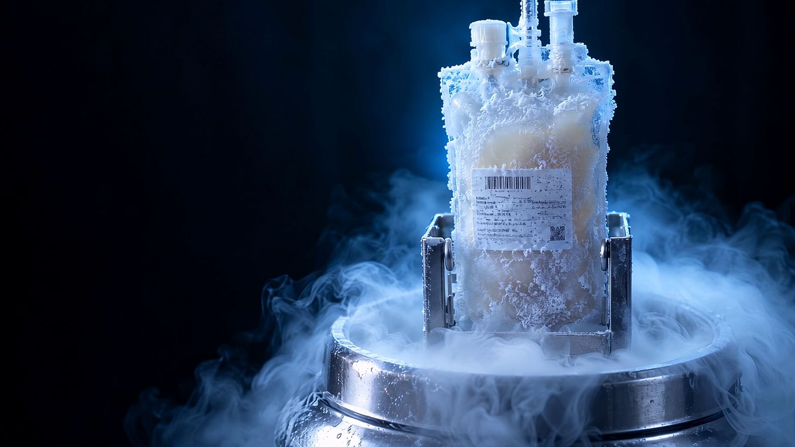 A small infusion bag of cell therapy, crusted in thick white frost, stands in a steel rack above a liquid-nitrogen dewar. Cold vapor spills over the rim, lit icy blue against a black background. A white barcode label is visible through the frost.