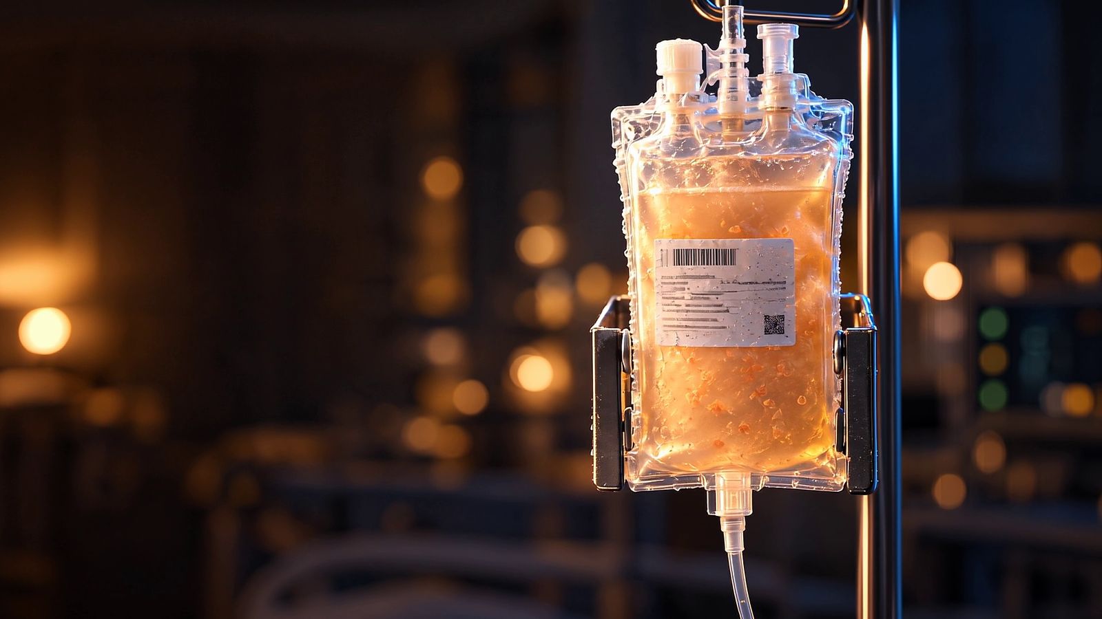 The same bag, fully thawed: its contents glow a translucent peach-amber as it hangs from an IV pole, a thin infusion line running down out of frame, in a dim hospital room lit by warm out-of-focus lights.