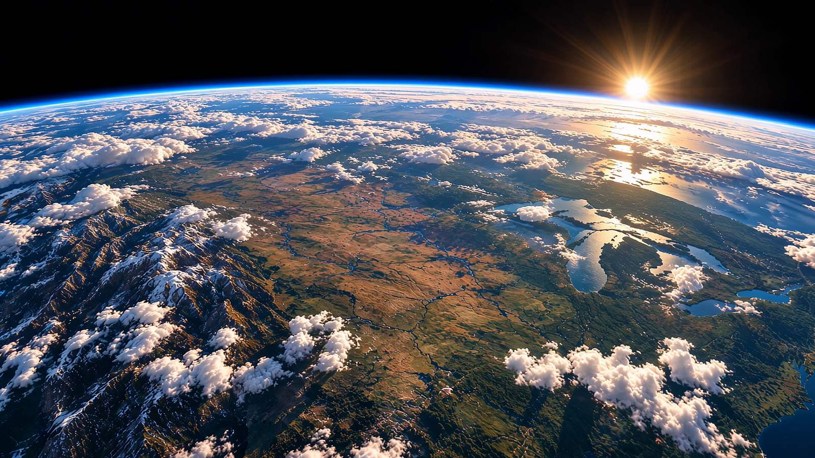 Earth seen from orbit at sunrise over North America: the Rocky Mountains on the left, the Great Plains in the middle, the Great Lakes on the right, and a thin blue line of atmosphere along the curved horizon.