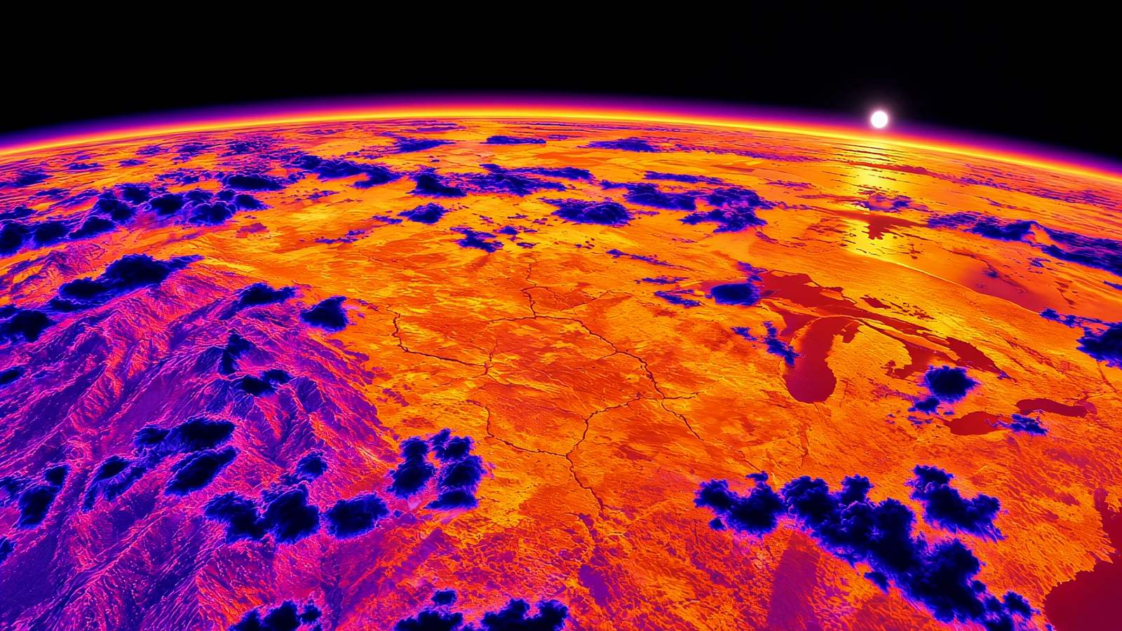 The same view as a thermal infrared image: the warm plains glow orange and yellow, the cooler mountains are violet, and every cloud top shows as a cold indigo blot.