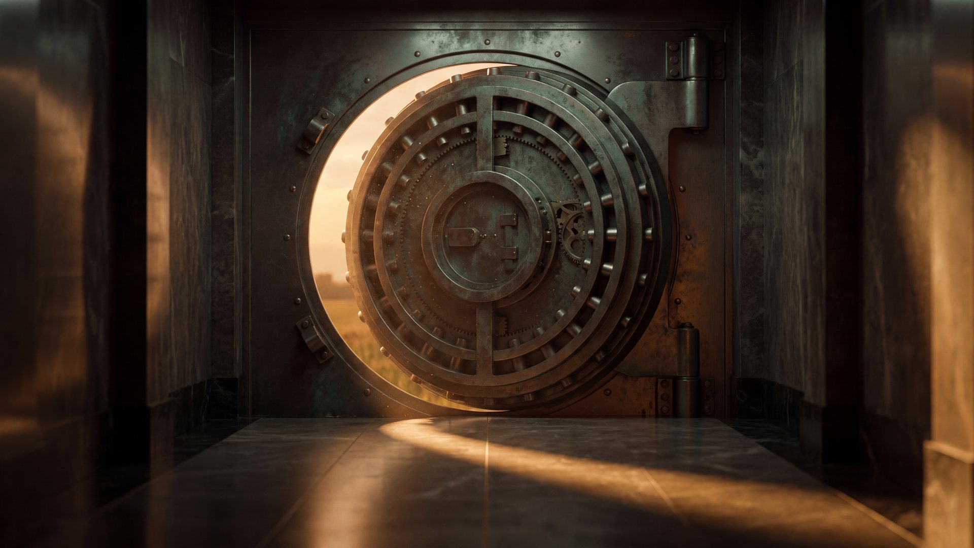 A colossal burnished steel vault door stands ajar in a dark marble hall, with warm dawn light spilling through the gap.