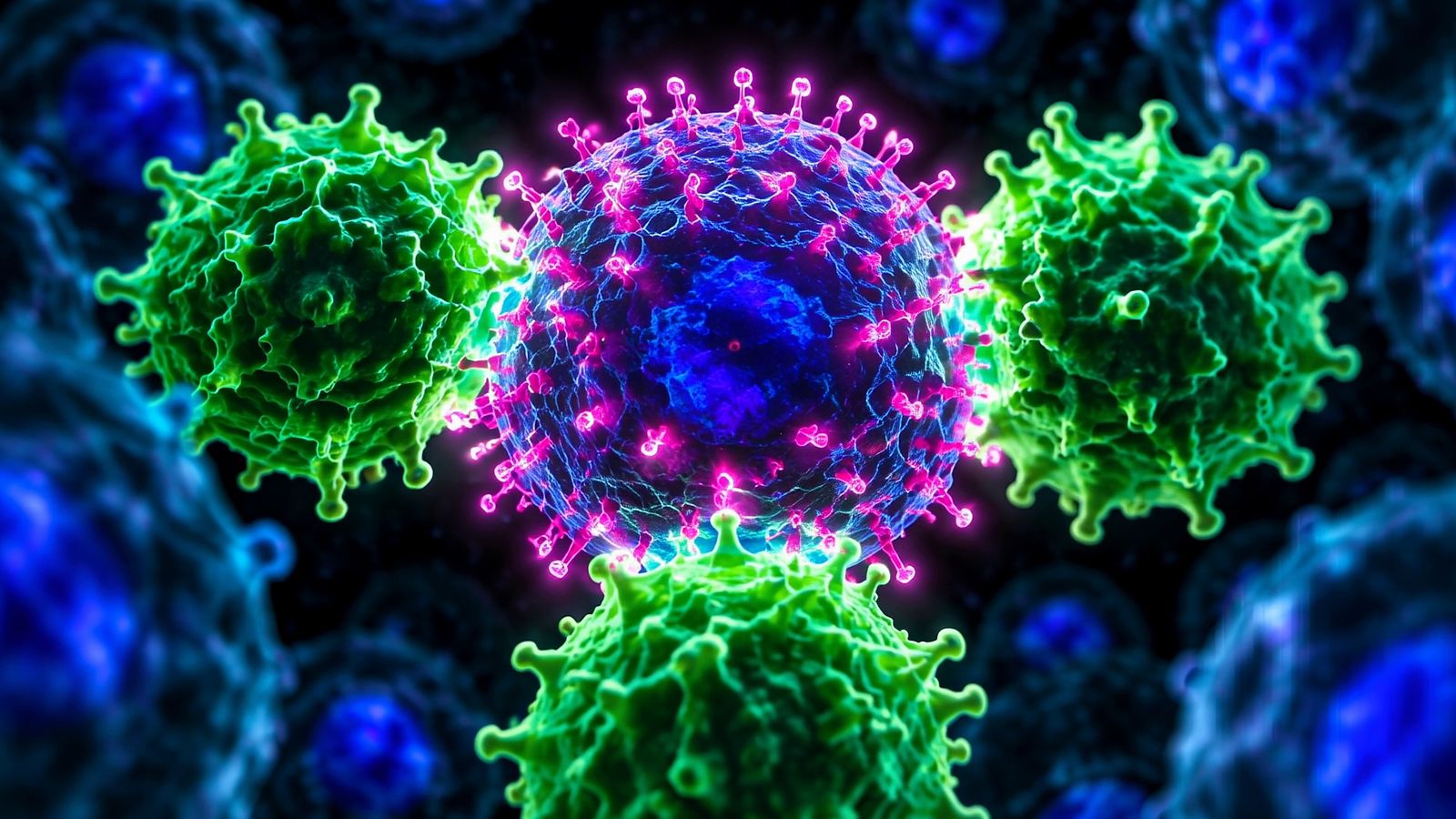 Close up, three green T cells press against the cancer cell from the left, right, and below. Its magenta flags glow brightest where they touch.