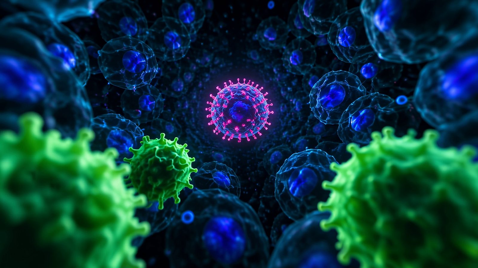 A microscope's-eye view through dark tissue. Translucent cells with glowing blue nuclei crowd the frame. In the distance, one cancer cell glows with dozens of magenta surface flags, and bright green T cells in the foreground drift toward it.